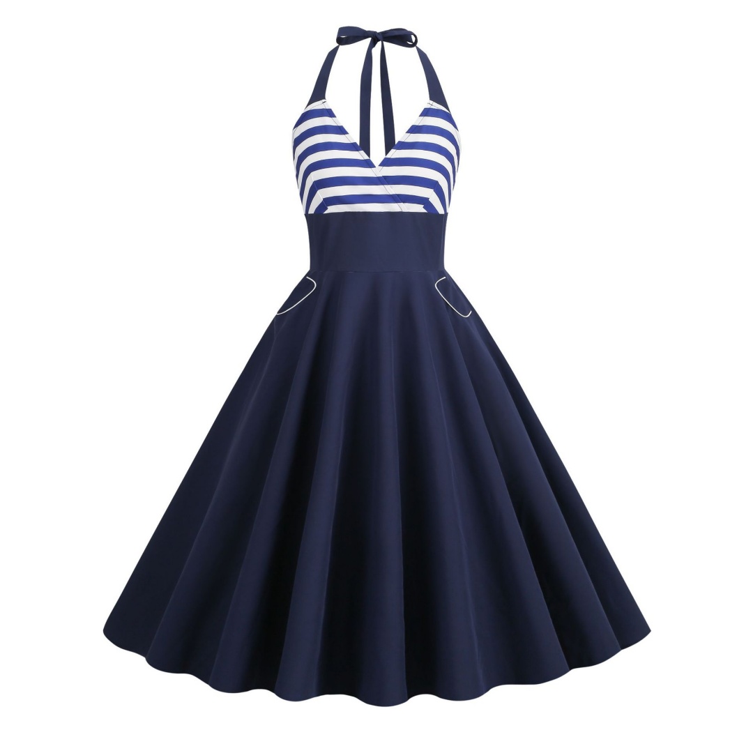 Womens Vintage Halter Neck Dresses 1950 Swing Tea Party Midi Cocktail Dress